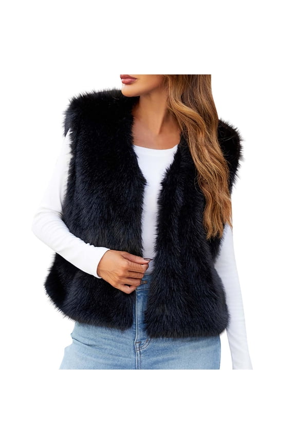 Womens Oversized Faux Fur Vests Fuzzy Warm Open Front V Neck Sleeveless Fluffy Cropped Winter Coats Outerwear