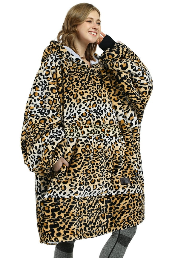 Womens Oversized Flannel Blanket Hoodie Sweatshirt, Plush Fleece Lined Lounging Pullover, Christmas Gift for Women (Cheetah) - Catalonia