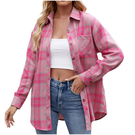 Womens Oversized Flannel Plaid Shirt Long Sleeve Drop Shoulder Lapel Button Shirt Blouse Tops Winter Coat Women S-54 Pink-A L