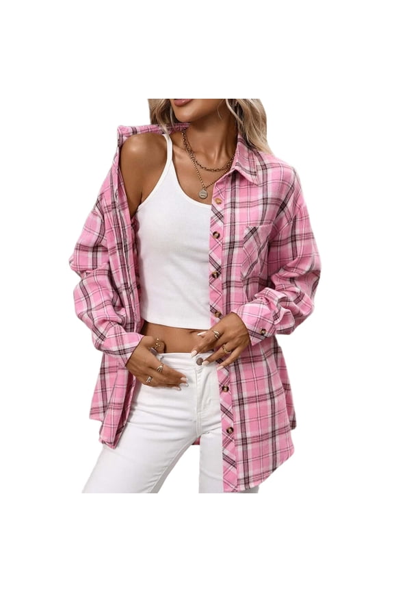 Womens Oversized Flannel Shirts Button Down Long Sleeve Plaid Shirt Business Casual Blouse Top Pink XXL