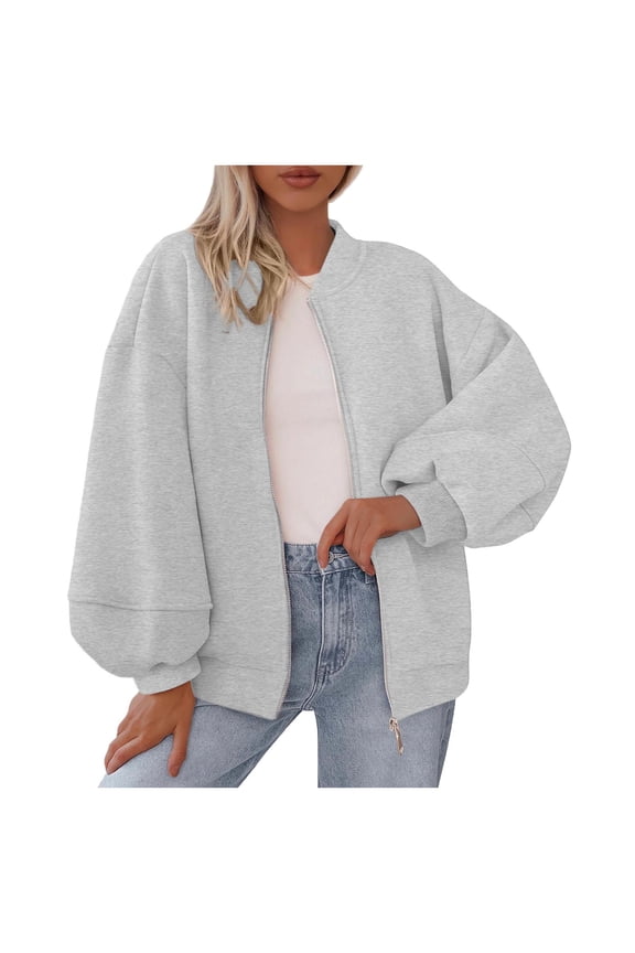 Womens Oversized Fleece Bomber Jacket Full Zip Lantern Long Sleeve Solid Color Coats Fashion Comfy Outerwear