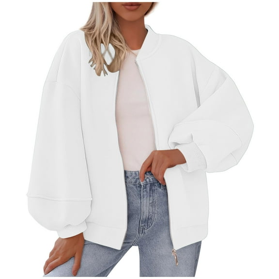 Womens Oversized Fleece Bomber Jacket Full Zip Lantern Long Sleeve Solid Color Coats Fashion Comfy Outerwear