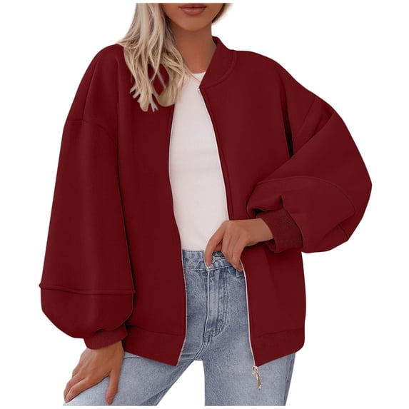 Womens Oversized Fleece Bomber Jacket Full Zip Lantern Long Sleeve Solid Color Coats Fashion Comfy Outerwear