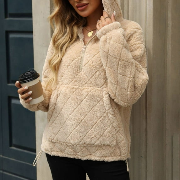 Womens Oversized Fleece Hoodies Fashion Fuzzy Warm Sherpa Pullover Tops Half Zip Hooded Sweatshirt with Pockets Beige XXL