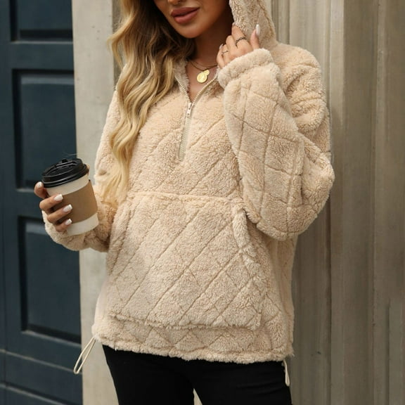 Womens Oversized Fleece Hoodies Fashion Fuzzy Warm Sherpa Pullover Tops Half Zip Hooded Sweatshirt with Pockets Beige XXL