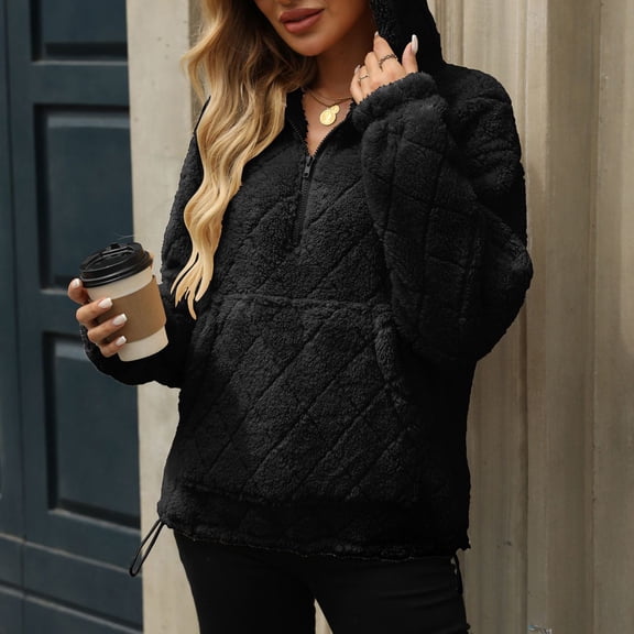 Womens Oversized Fleece Hoodies Fashion Fuzzy Warm Sherpa Pullover Tops Half Zip Hooded Sweatshirt with Pockets Black XXL
