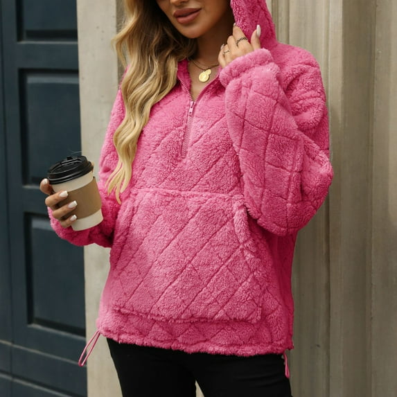 Womens Oversized Fleece Hoodies Fashion Fuzzy Warm Sherpa Pullover Tops Half Zip Hooded Sweatshirt with Pockets Pink S