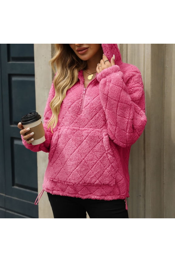 Womens Oversized Fleece Hoodies Fashion Fuzzy Warm Sherpa Pullover Tops Half Zip Hooded Sweatshirt with Pockets Pink XL
