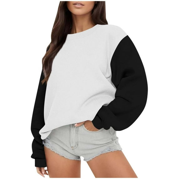 Womens Oversized Fleece Sweatshirts Colorblock Fall Fashion Pullover Crewneck Sweatshirt Drop Shoulder Patchwork Long Sleeve Sweatshirts Winter Cute Tops Teen Girls Preppy Clothes 2025