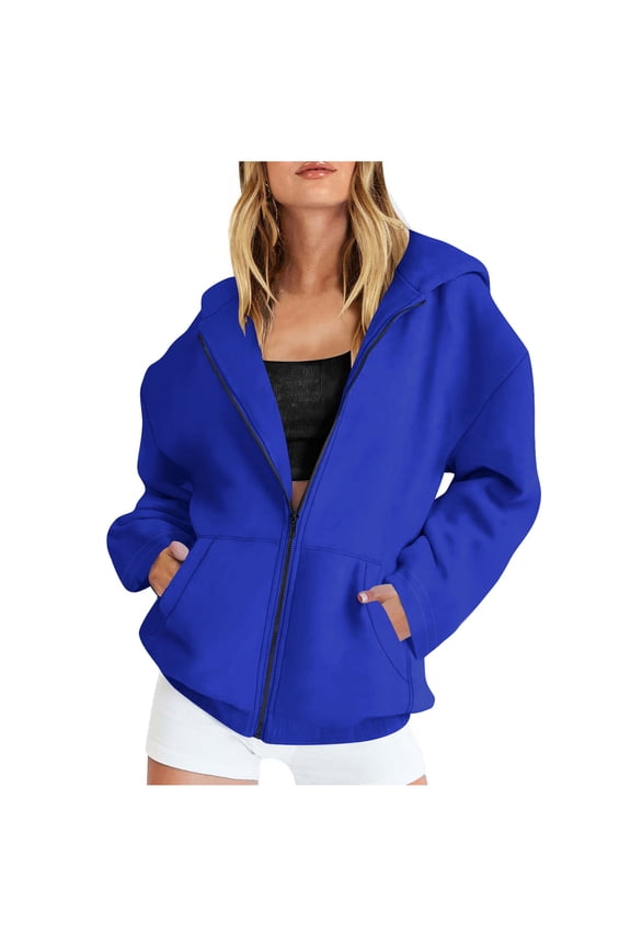 Womens Oversized Full-zip Hoodie Jackets with Pockets Cotton Sweatshirt Coats Long Sleeve Outerwear, Blue-A L