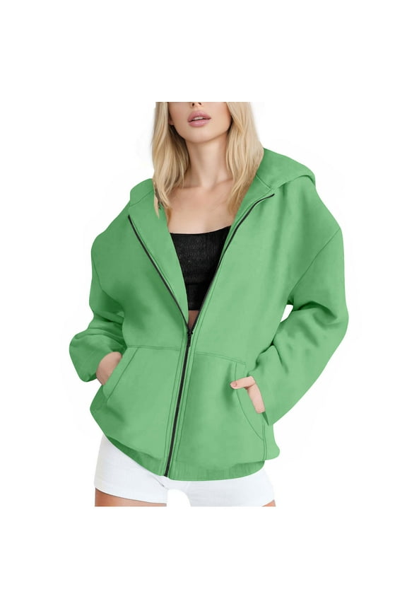 Womens Oversized Full-zip Hoodie Jackets with Pockets Cotton Sweatshirt Coats Long Sleeve Outerwear, Green-B 2XL
