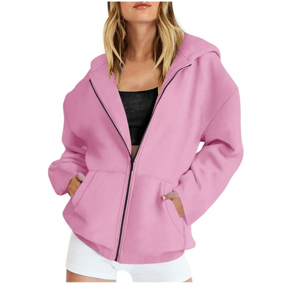 Womens Oversized Full-zip Hoodie Jackets with Pockets Cotton Sweatshirt Coats Long Sleeve Outerwear, Pink-A S