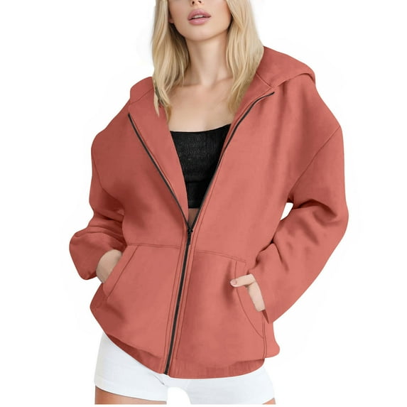 Womens Oversized Full-zip Hoodie Jackets with Pockets Cotton Sweatshirt Coats Long Sleeve Outerwear, Red-B L