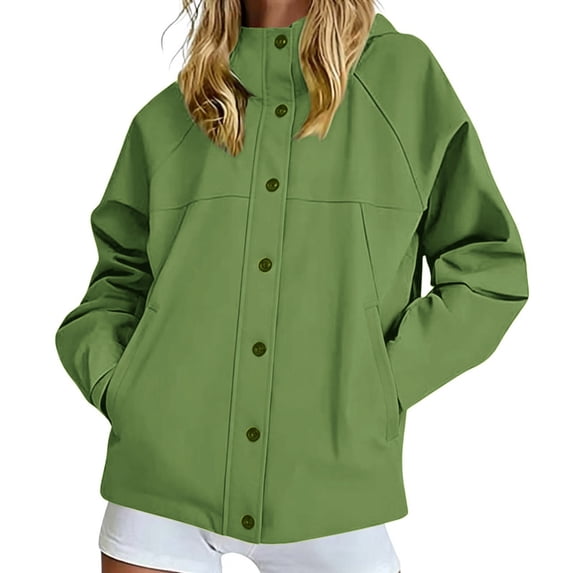 Womens Oversized Funnel Neck Jackets, Windproof Waterproof Lightweight Shacket, Long Sleeve Button Down Hooded Raincoat, Windbreaker Rain Jacket Spring Fall Outerwear