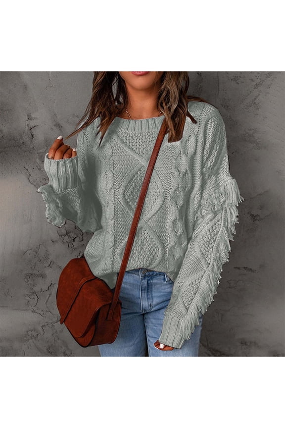 Womens Oversized Fuzzy Crewneck Tassel Long Sleeve Sweaters Casual Loose Knitted Pullover Tops Toffee Sweater Mens over Trendy Pullover Sweaters for Women Big Sweater Women Workout Sweaters Mens Heavy