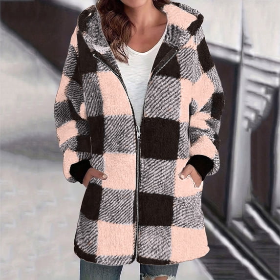 Womens Oversized Fuzzy Hooded Jacket Zip up Fleece Plaid Coats Loungewear Warm Winter Outerwear Coat with Pockets Multicolor XL
