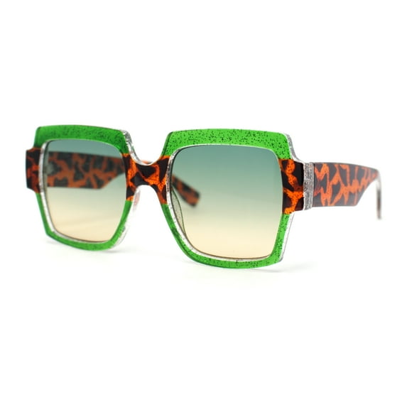 Womens Oversized Glitter Squared Rectangular Butterfly Plastic Sunglasses Green Tortoise - Green Yellow