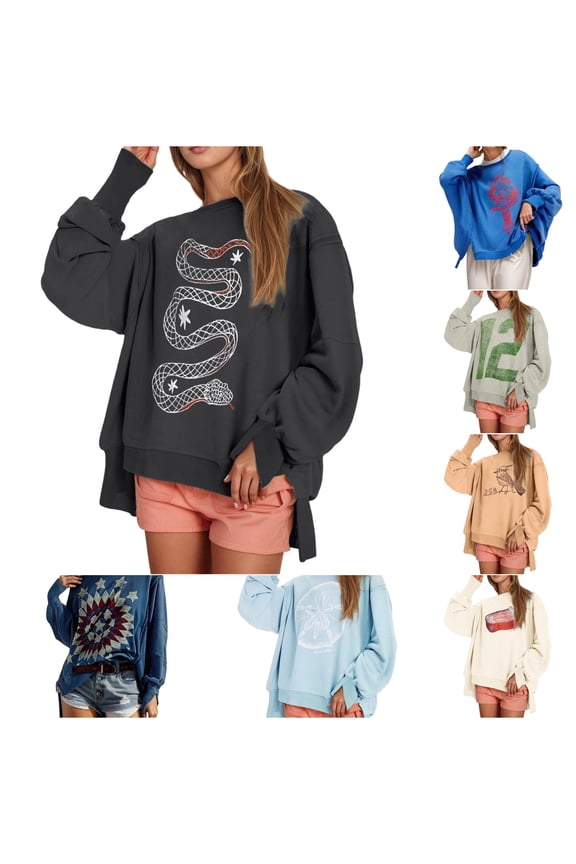 Womens Oversized Graphic Long Sleeve T Shirts 2025 Basic Crewneck Tee Fall Slit Tops Casual Workout Y2K Clothes