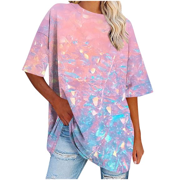Womens Oversized Graphic Tees Plus Size Drop Shoulder Summer T-Shirts Baggy Short Sleeve Casual Pullover Pink, 4XL