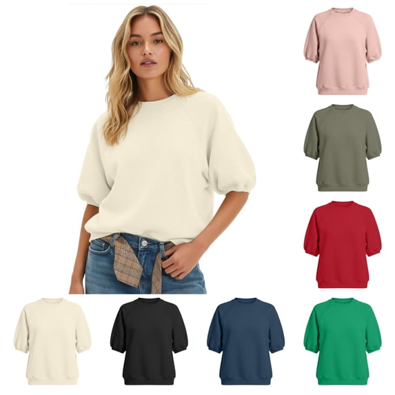 Womens Oversized Half Sleeve Sweatshirt Crewneck Puff Sleeve Top Basic Solid Loose Fit (Light Green,S)