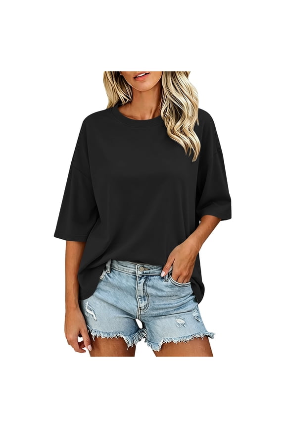 Womens Oversized Half Sleeve T Shirts Summer Casual Crew Neck Tunic Tops Loose Fit Solid Color Boxy Basic Tees Beach Daily Wear, Black S