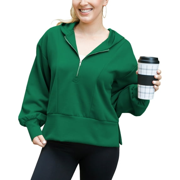 Womens Oversized Half Zip Hoodies Long Sleeve Solid Color Sweatshirts Workout Pullover Tops, Green, X-Large