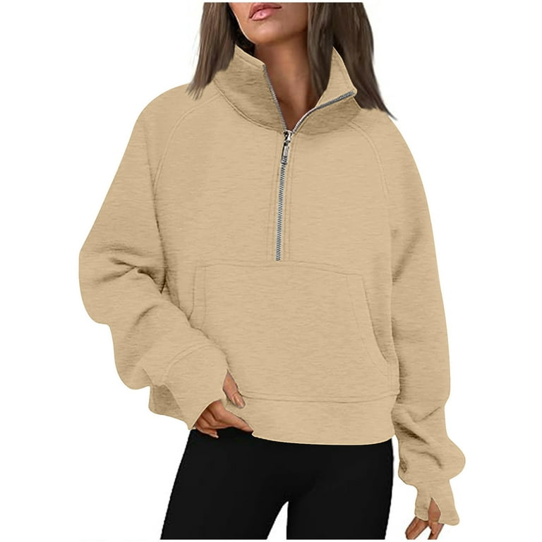 Womens Oversized Half Zip Sweatshirts Long Sleeve Zipper Thumb Hole  Pullover Winter Fleece Solid Loose Fit Lounge Outwear Y2K Clothes 