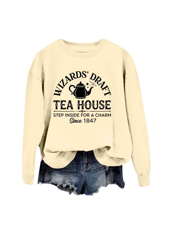 Womens Oversized Halloween Sweatshirts Goth Teapot Wizard Graphic Crew Neck Long Sleeve Pullover Streetwear Top 2XL