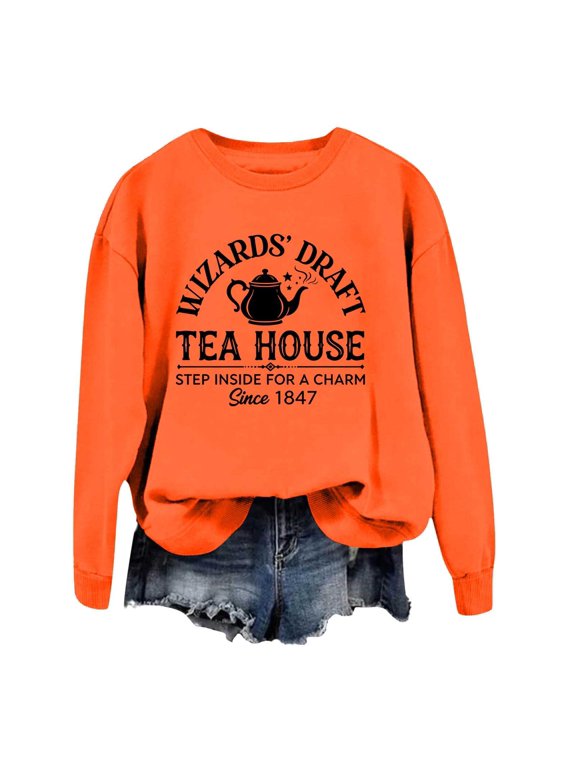 Womens Oversized Halloween Sweatshirts Goth Teapot Wizard Graphic Crew Neck Long Sleeve Pullover Streetwear Top 3XL