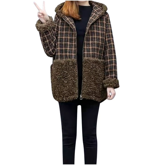 Womens Oversized Hooded Jackets Winter Warm Fleece Patchwork Cardigan Casual Long Sleeve Full Zip Sherpa Coats (Brown 2XL)