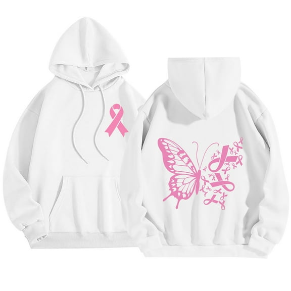 Womens Oversized Hooded Sweatshirt Pink Ribbon Graphic Long Sleeve Cancer Awareness Hoodies Fall Fashion Tops 2025
