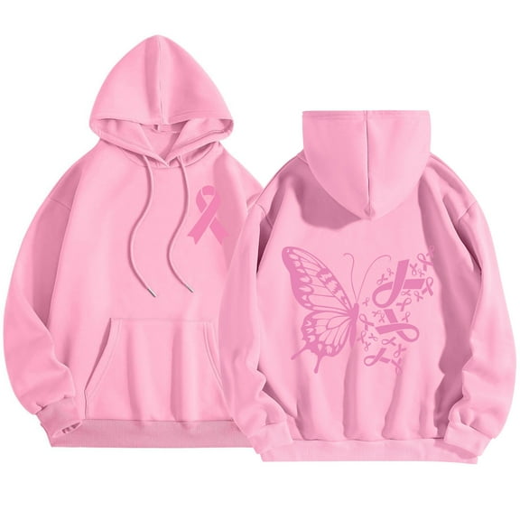 Womens Oversized Hooded Sweatshirt Pink Ribbon Graphic Long Sleeve Cancer Awareness Hoodies Fall Fashion Tops 2025