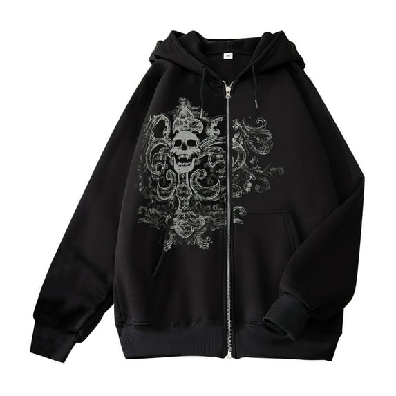 Womens Oversized Hooded Sweatshirts Skull Graphic Printed Crew Neck Full Zip Up Jackets Long Sleeve Loose Fit Hoodies Casual Fashion 2025 Top