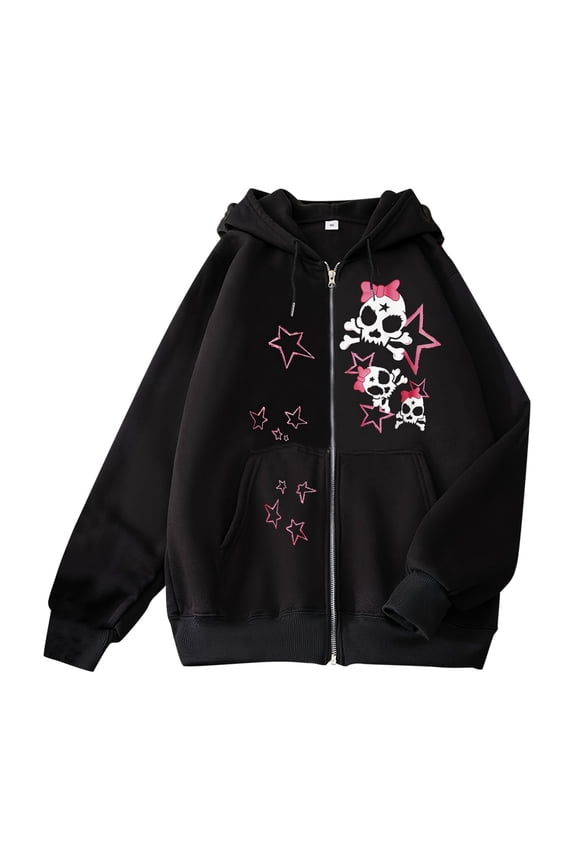 Womens Oversized Hooded Sweatshirts Skull Graphic Printed Crew Neck Full Zip Up Jackets Long Sleeve Loose Fit Hoodies Casual Fashion 2025 Top