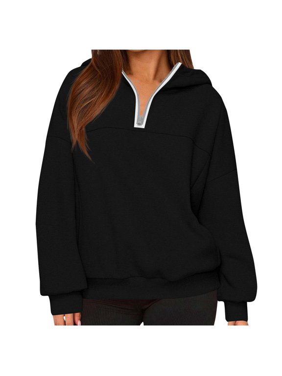 Womens Oversized Hoodes Sweatshirts, Zip Up Hoodies for Women Fall Fashion Solid Color Half Zip V Neck Long Sleeve Pullover with Pockets