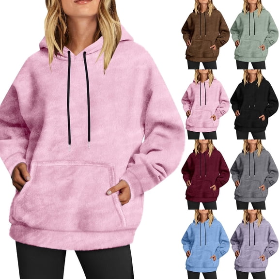 Womens Oversized Hoodie Fleece Sweatshirts Long Sleeve Pullover with Pocket | Hooded Neck Sweatshirt Women 2026, Winter Fashion Oversized Drawstring Pullover Fleece, #01_Pink, L