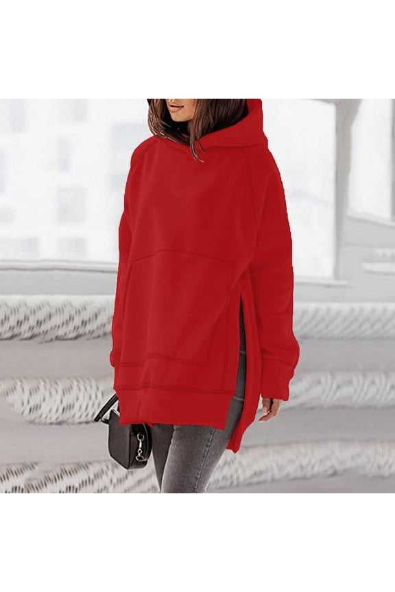 Womens Oversized Hoodie Size Split Hem Long Sleeve Hooded Sweatshirts Baggy Loose Plain Pullover Sweater Tops (X-Large, Red)