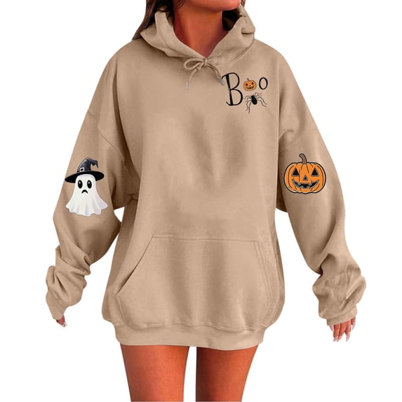 Womens Oversized Hoodie Sweatshirts Long Sleeve Halloween Hoodies with Pocket Fleece Lined Loose Graphic Sweat Shirts Khaki, M