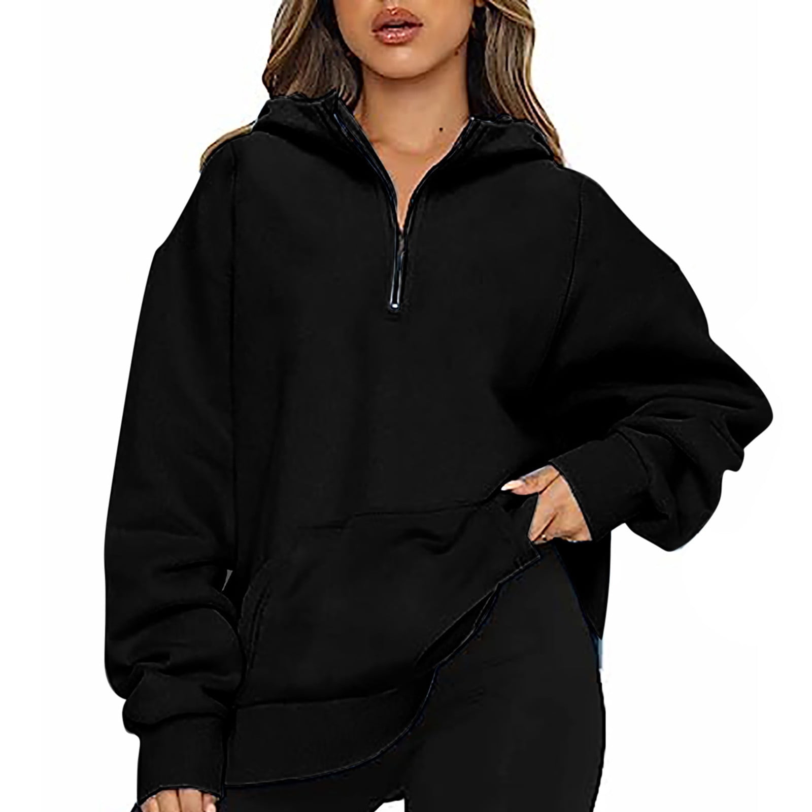 Womens Oversized Hoodies 1/4 Zip High Neck Sweatshirts with Pocket Long  Sleeve Cozy Plain Pullover Sweater Tops (3X-Large, Black)