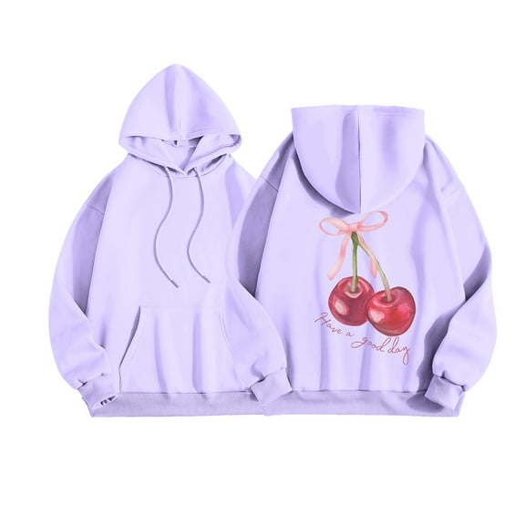 Womens Oversized Hoodies 2025 Bow Letter Cherry Print Long Sleeve Drawstring Hooded with Pocket Y2k Winter Sweatshirts Purple