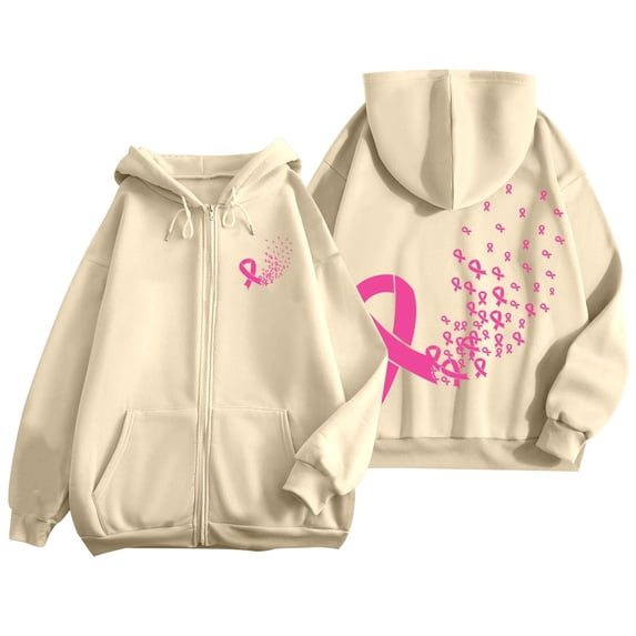 Womens Oversized Hoodies 2025 Pink Ribbon Print Zipper Hooded Cancer Awareness Jacket with Pocket Pullover Sweaters Beige