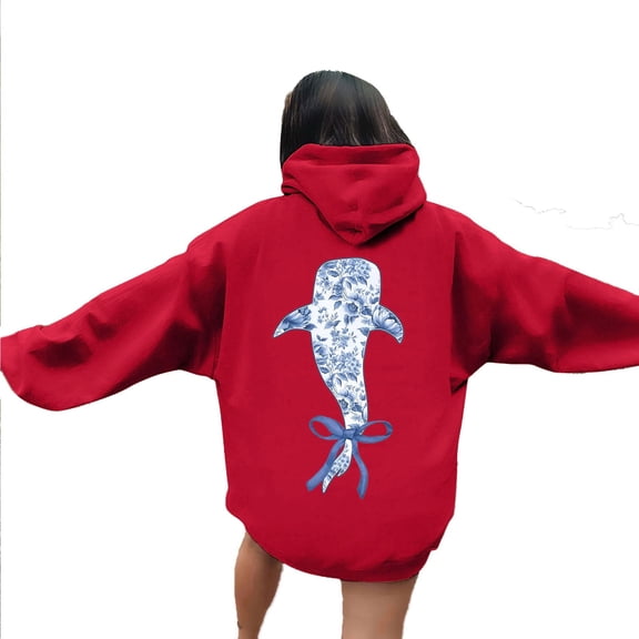 Womens Oversized Hoodies Bow Cute Cartoon Print Long Sleeve Hooded with Pocket Workout Sweatshirts Red