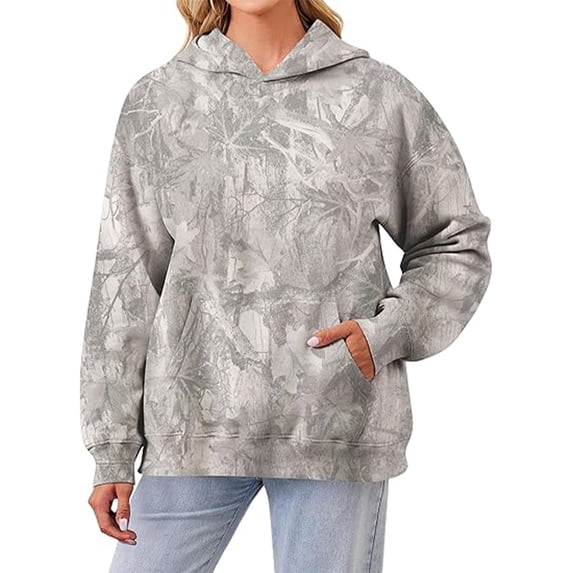 Womens Oversized Hoodies Camo Print Maple Leaf Long Sleeve Pullover Hooded Tops Fall Sweatshirts