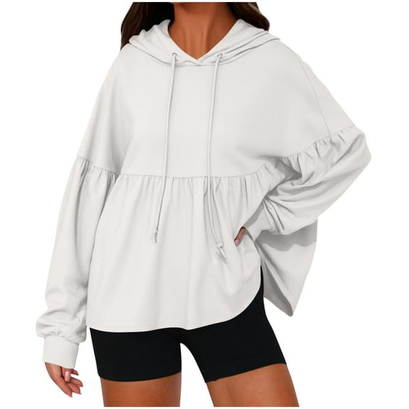 Womens Oversized Hoodies Casual Pleated Tiered Ruffle Sweatshirts Lantern Long Sleeve Drawstring Peplum Hem Loose Hooded Pullover Tops