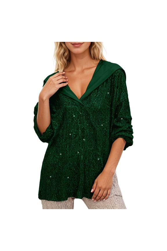 Womens Oversized Hoodies Fall Elegant Loose Fit Sparkling Sequins Drop Shoulder V Neck Loose Fit Hooded Sweatshirts
