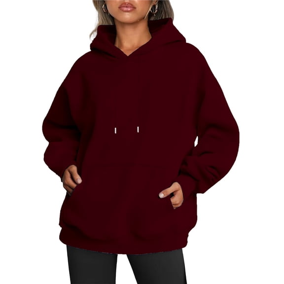 Womens Oversized Hoodies Fleece Sweatshirts Fall Fashion Pullover Sweaters Winter Clothes Wine Red XL