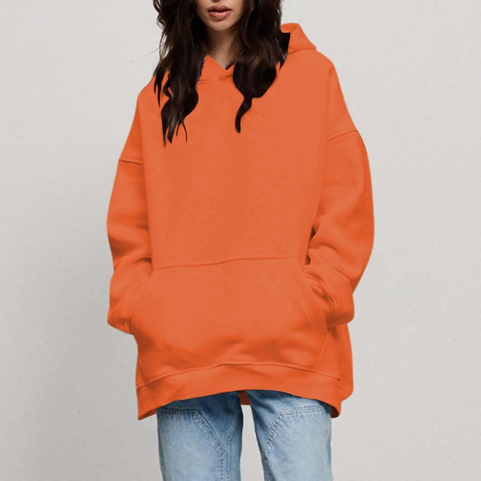 Womens Oversized Hoodies Fleece With Pockets Fall Casual Long Sleeve Drop Shoulder Pullover Tops Fashion 2023 Orange
