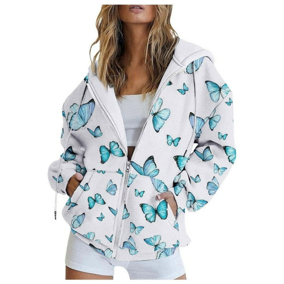 Womens Oversized Hoodies Floral Butterfly Print Full Zip Long Sleeve Fall Sweatshirt Workout Drawstring Jackets With Pockets