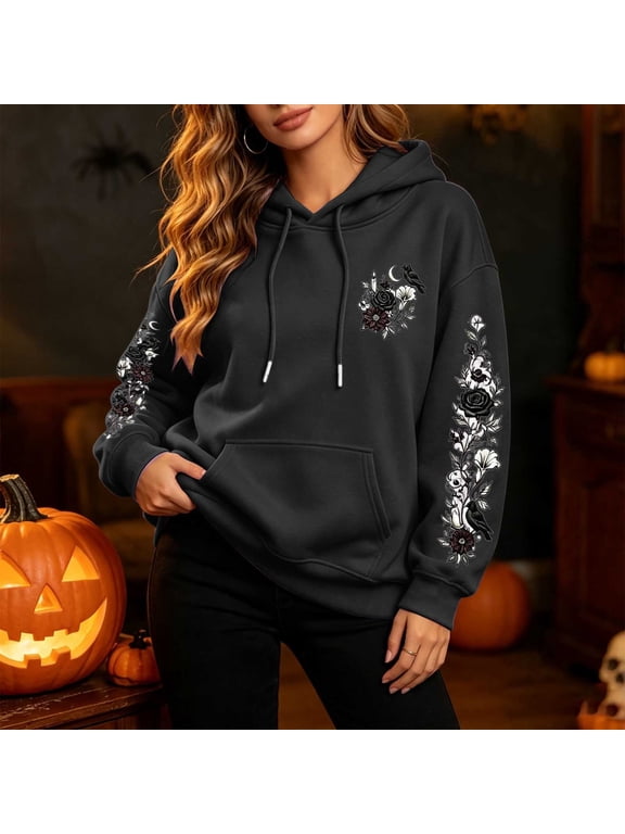 Womens Oversized Hoodies Goth Y2K Halloween Floral Raven Skull Graphic Drawstring Hooded Sweatshirt Streetwear Holiday Pullover Tops Fall Winter Clothes with Kangaroo Pocket Black 3XL