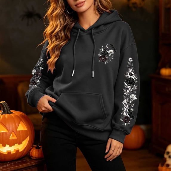 Womens Oversized Hoodies Goth Y2K Halloween Floral Raven Skull Graphic Drawstring Hooded Sweatshirt Streetwear Holiday Pullover Tops Fall Winter Clothes with Kangaroo Pocket Black M